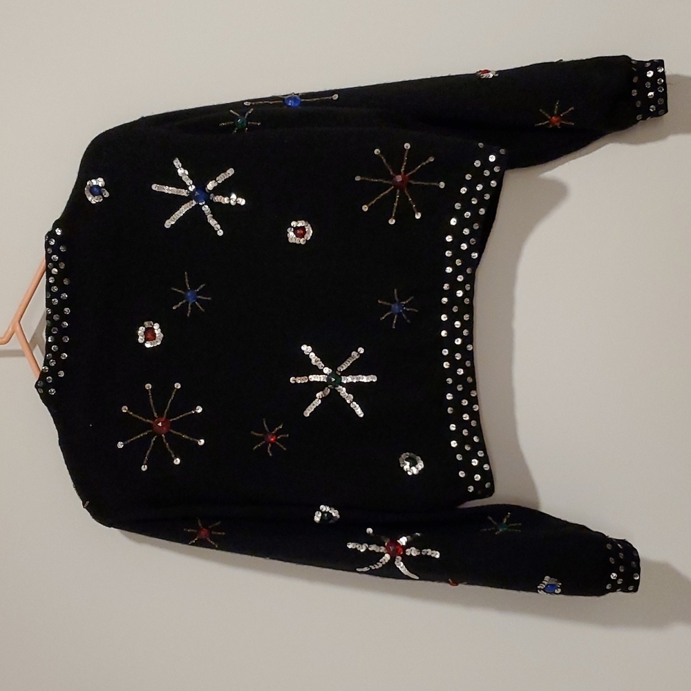 VINTAGE Black long sleeve lined cardigan bead rhinestone embellished Medium EUC - Picture 9 of 10